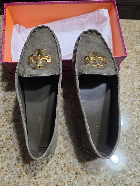 Tory Burch Shoes - Tory Burch Taupe/Olive Suede Logo Moccasin Loafers